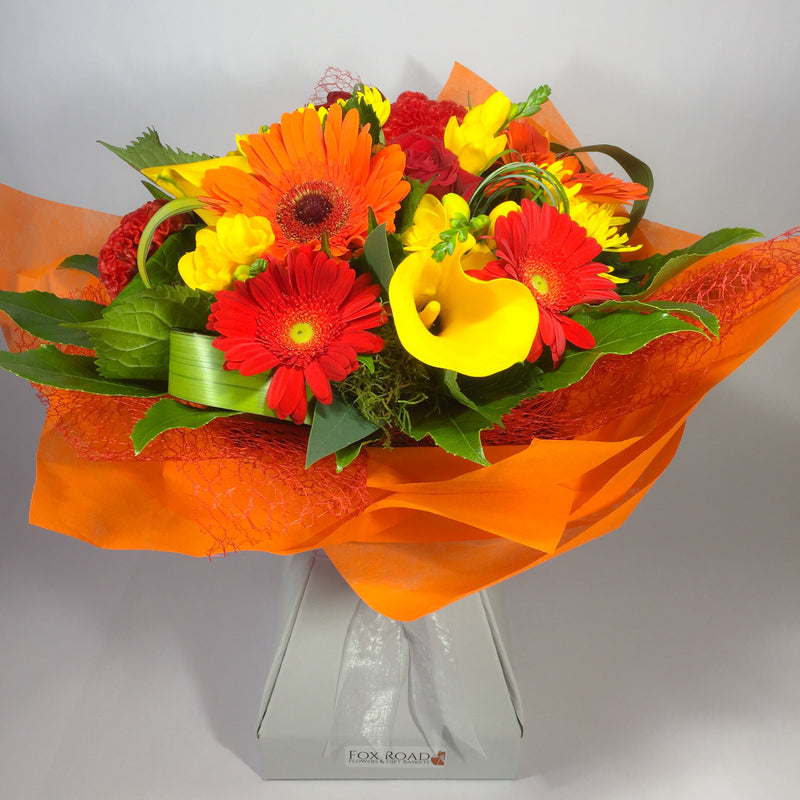Red, Orange and Yellow Callas Gerberas Flowers in water box