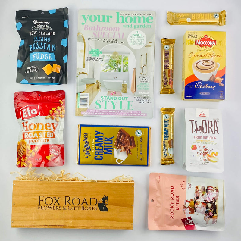 Your Home & Garden Magazine with snacks in wooden gift box
