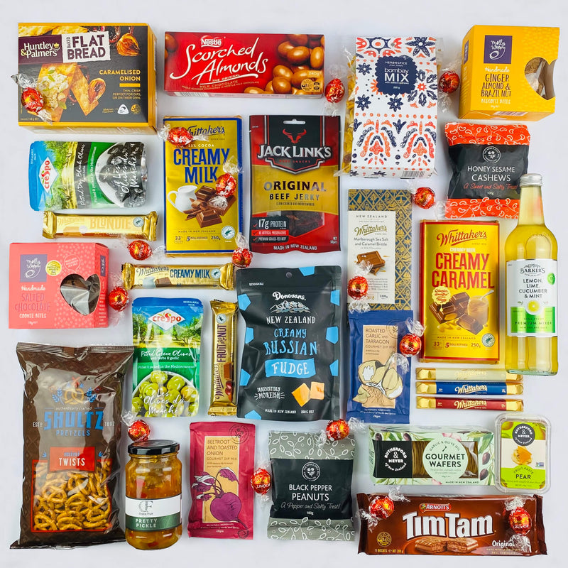 Gift box packed with chocolates and snacks