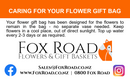 Instructions for caring for a Wellington flower gift bag.