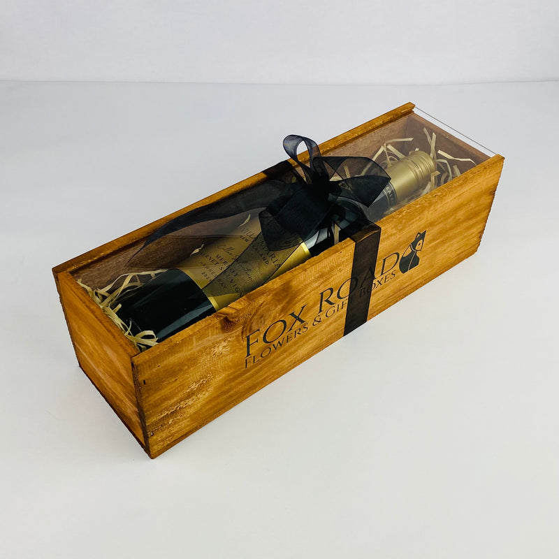 Wine gift inside wooden gift crate