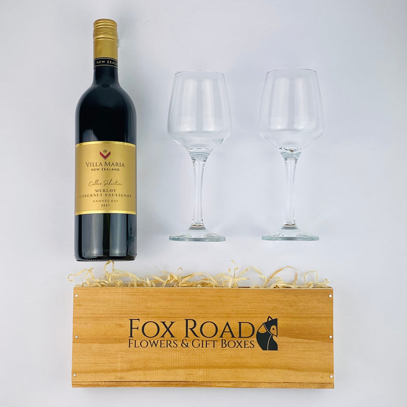 NZ Merlot Gift Box with glasses