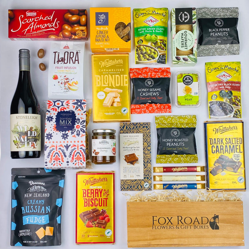 Lavish, large gift hamper with wine and other chocolate snacks.