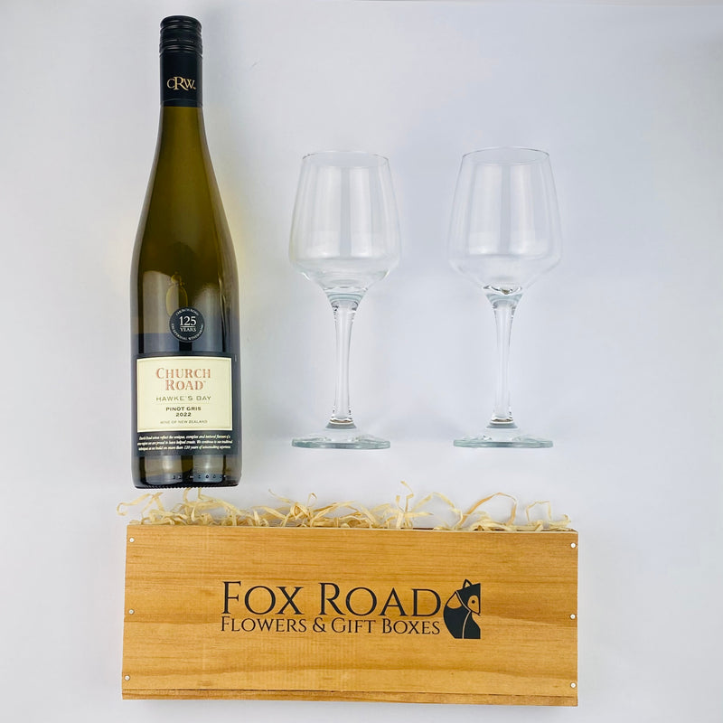 Church Road Pinot Gris with glasses next to gift box