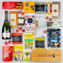 Sparkling wine large gift hamper with flutes, olives and gourmet treats.