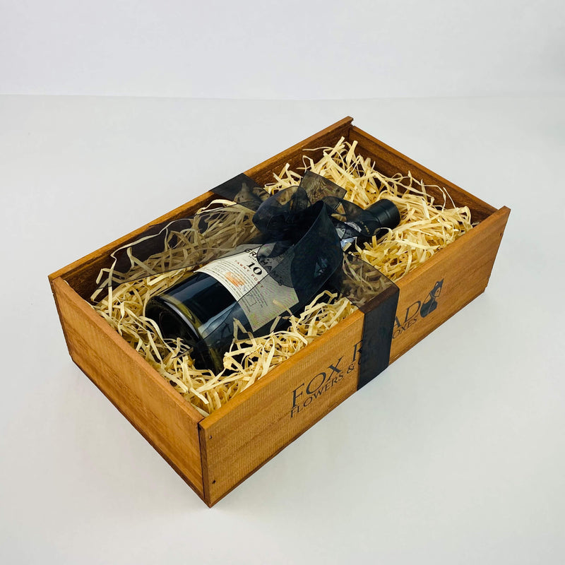 Grahams Port inside wooden gift box with black ribbon