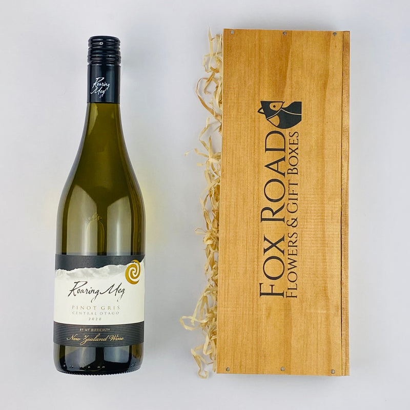 NZ Pinot Gris wine next to gift box