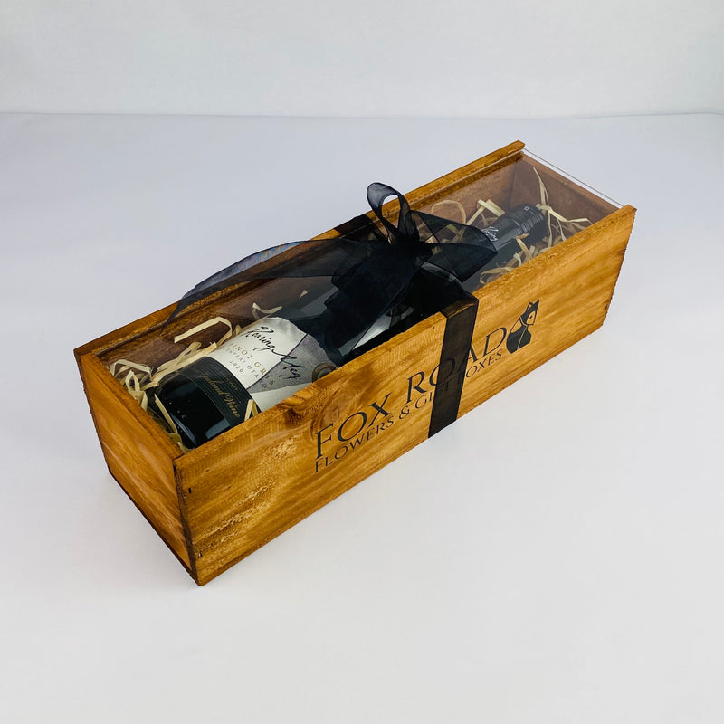 NZ Pinot Gris inside wooden box with ribbon