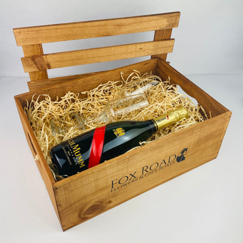 French Champagne with wine flutes inside gift box