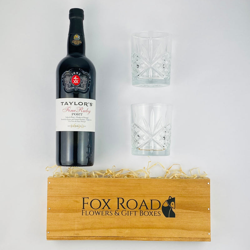 Taylors Ruby Port with glass tumblers above wood gift box