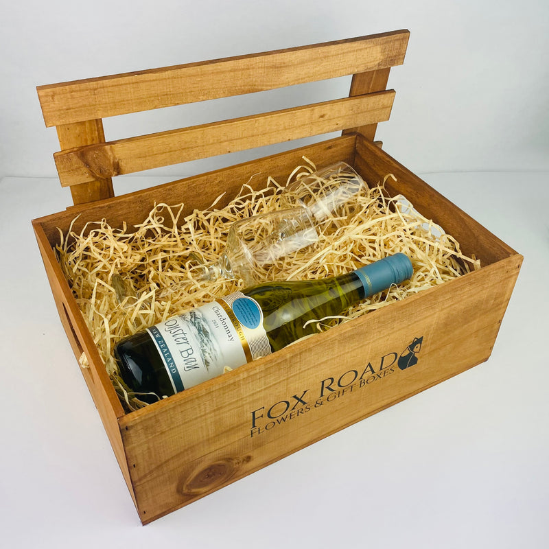 NZ Chardonnay with wine glasses inside wooden gift crate