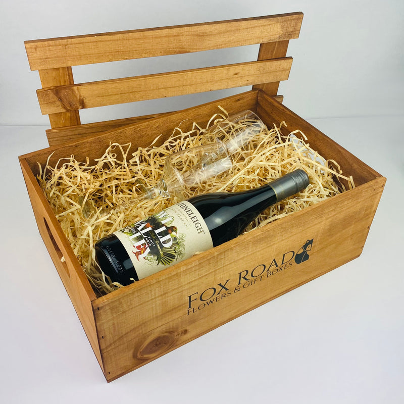NZ red wine and glasses inside wooden gift crate