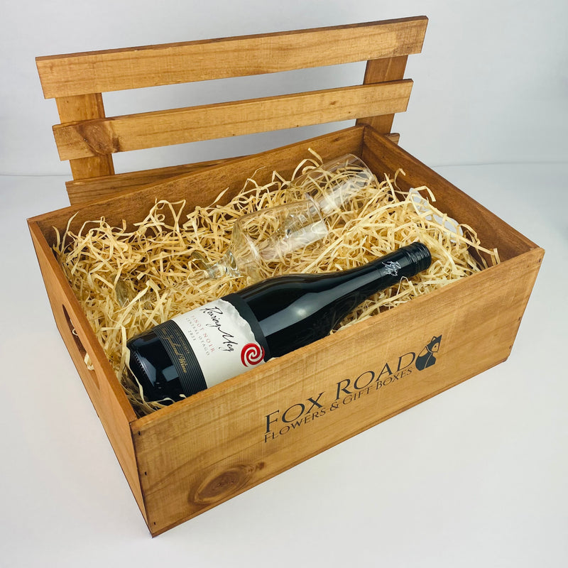 NZ wine with glasses inside wooden gift crate