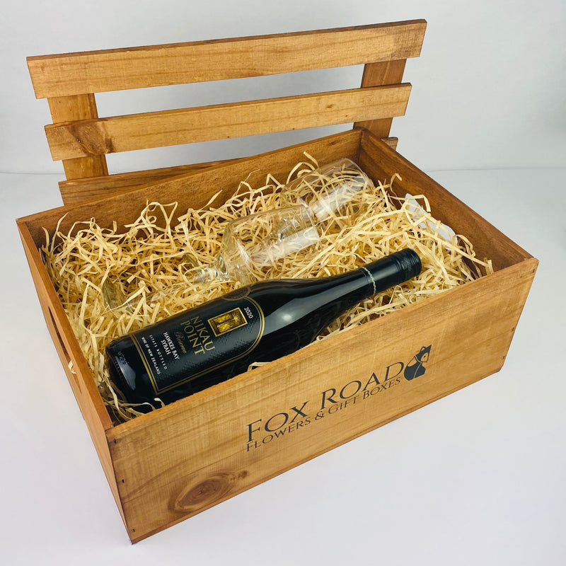 NZ wine gift box with glasses inside wooden crate