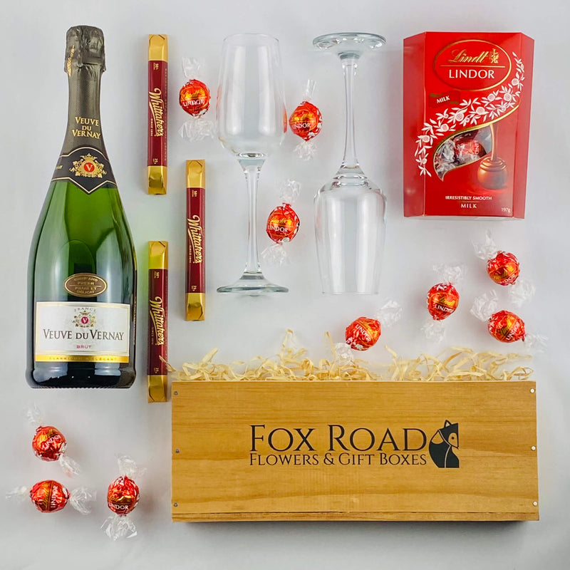 Champagne gift box with wine flutes.
