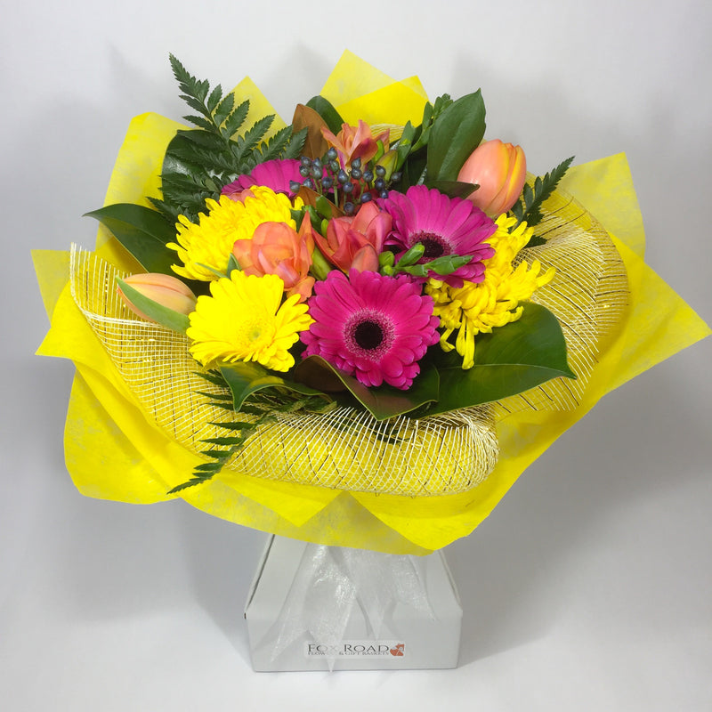 Bright Yellow Gerberas and Pink Tulip Flowers