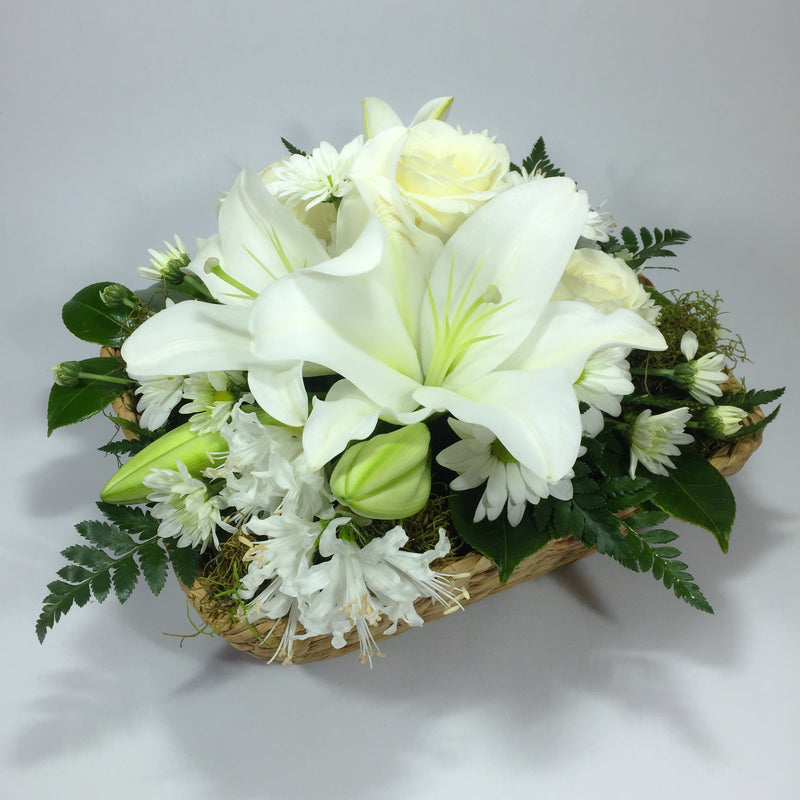 Basket with White Lilies, Roses, Flowers and Greenery