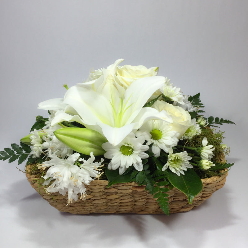 Basket with White Lilies, Roses, Flowers and Green Moss