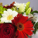 Red and green flowers with fresh greenery