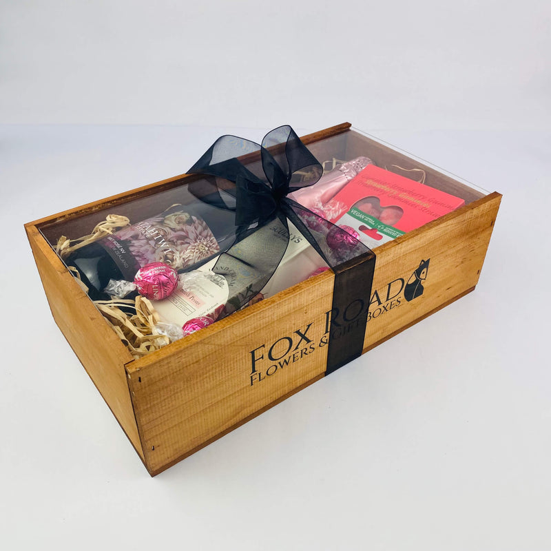 gift for lady packaged inside wooden gift box with black ribbon