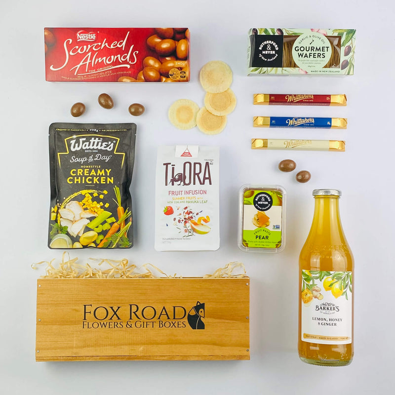 Get Well Soon gift box with soup and cordial
