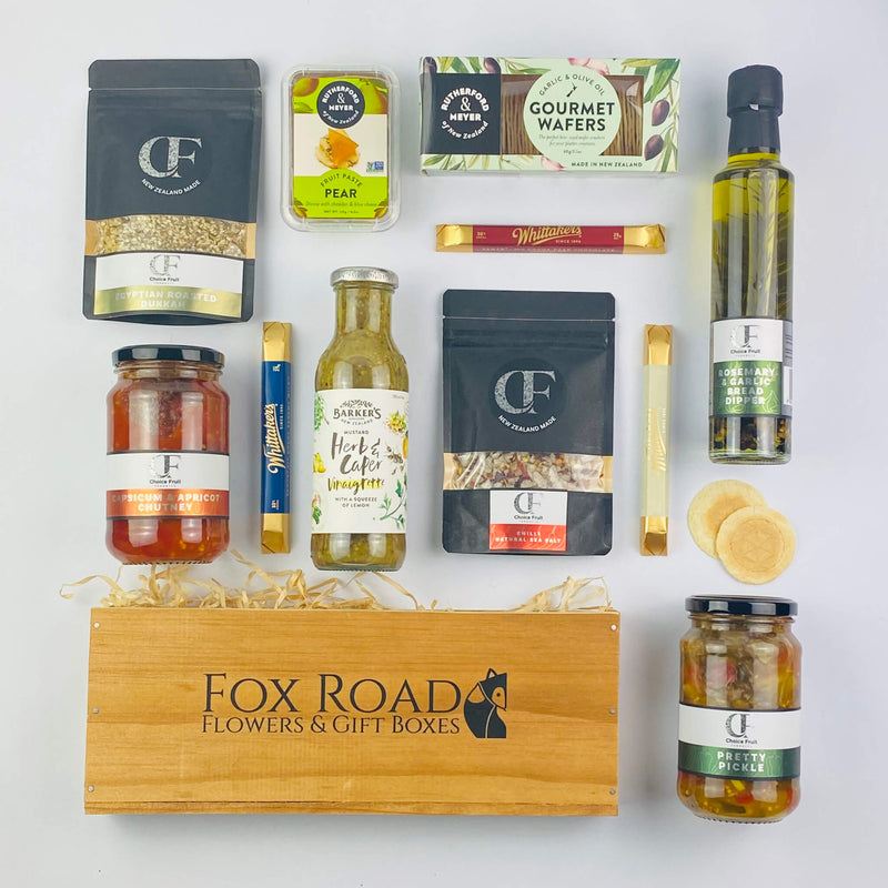 Gift box contents including pickle, dukkah and bread dipper