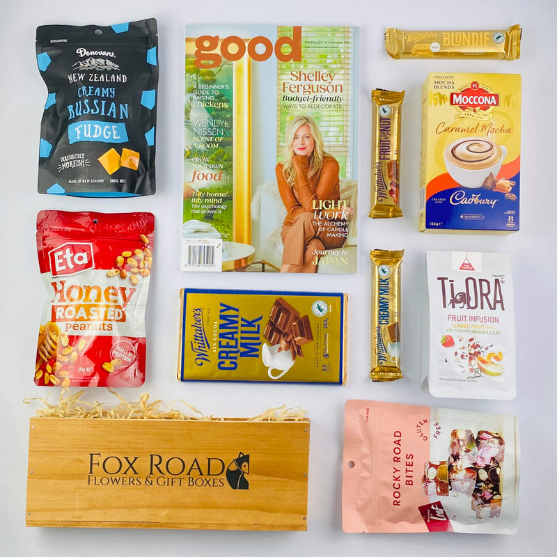 Good Magazine with snacks in wooden gift box