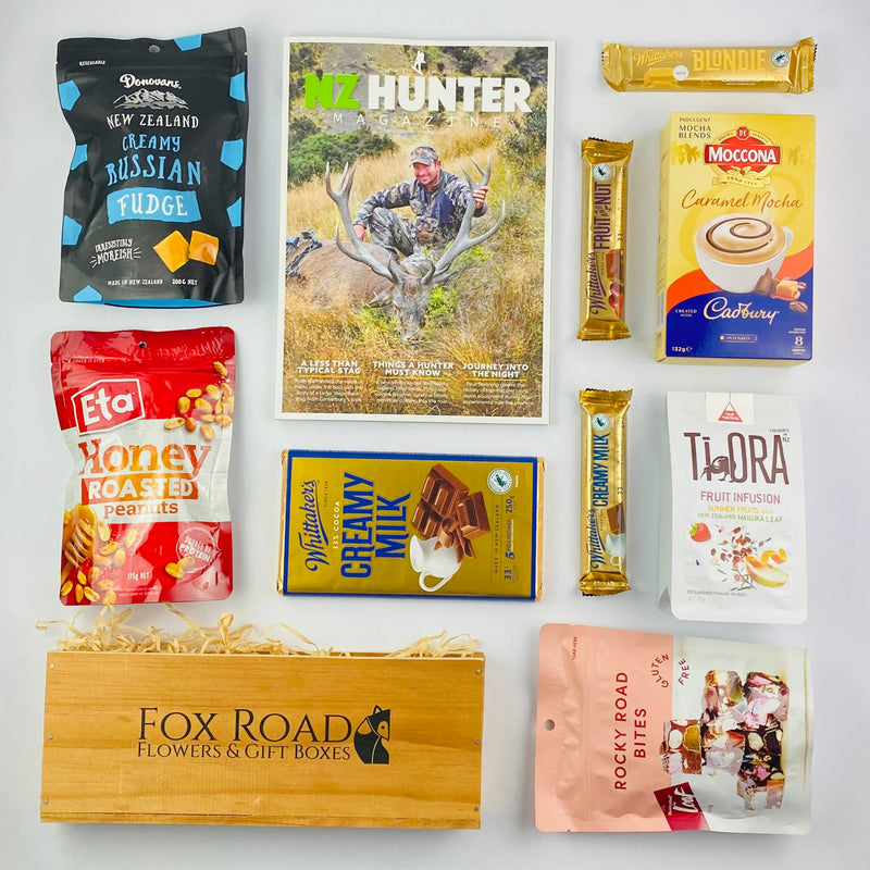NZ Hunter Magazine with snacks in wooden gift box
