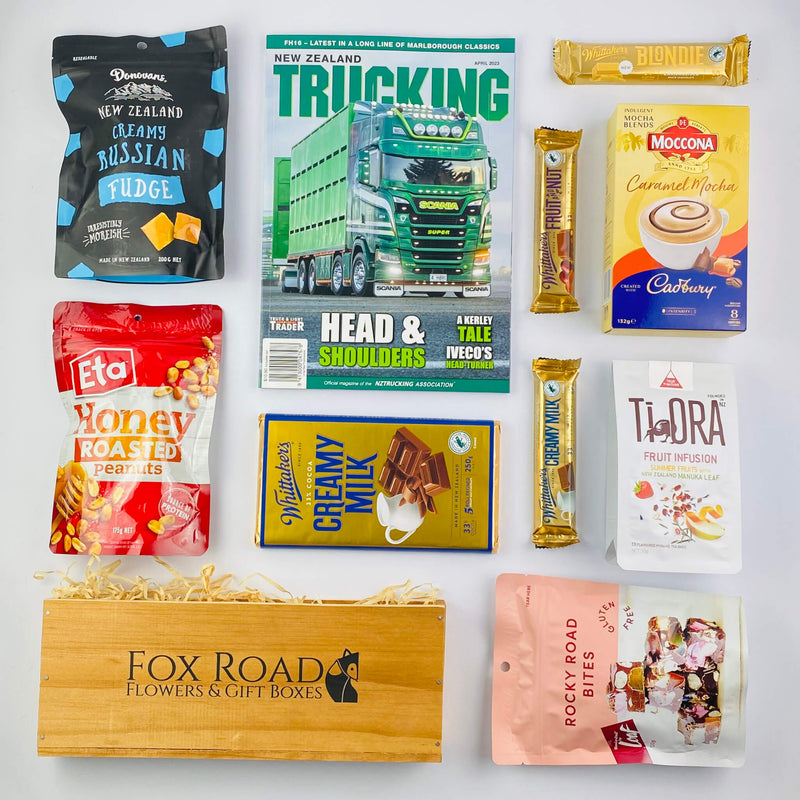 NZ Trucking Magazine with snacks in wooden gift box