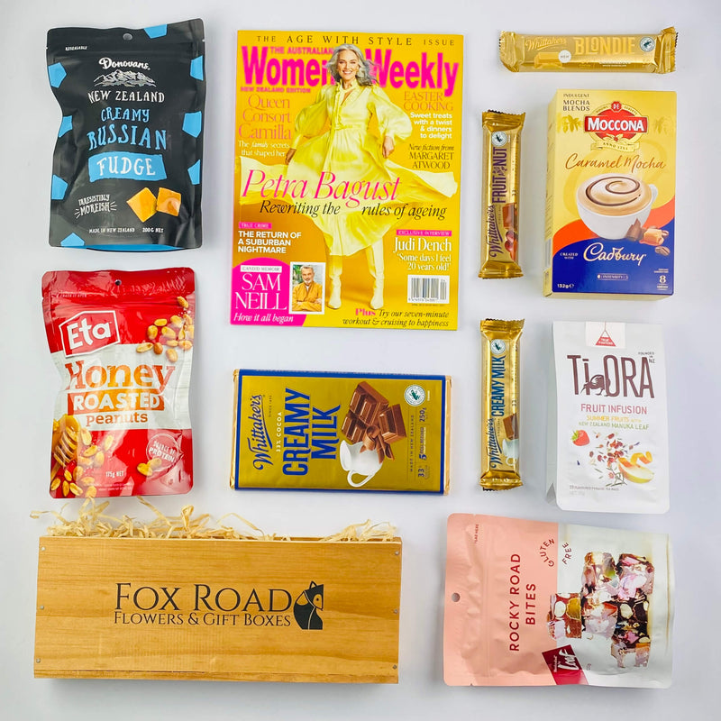 Women's Weekly Magazine with snacks in wooden gift box